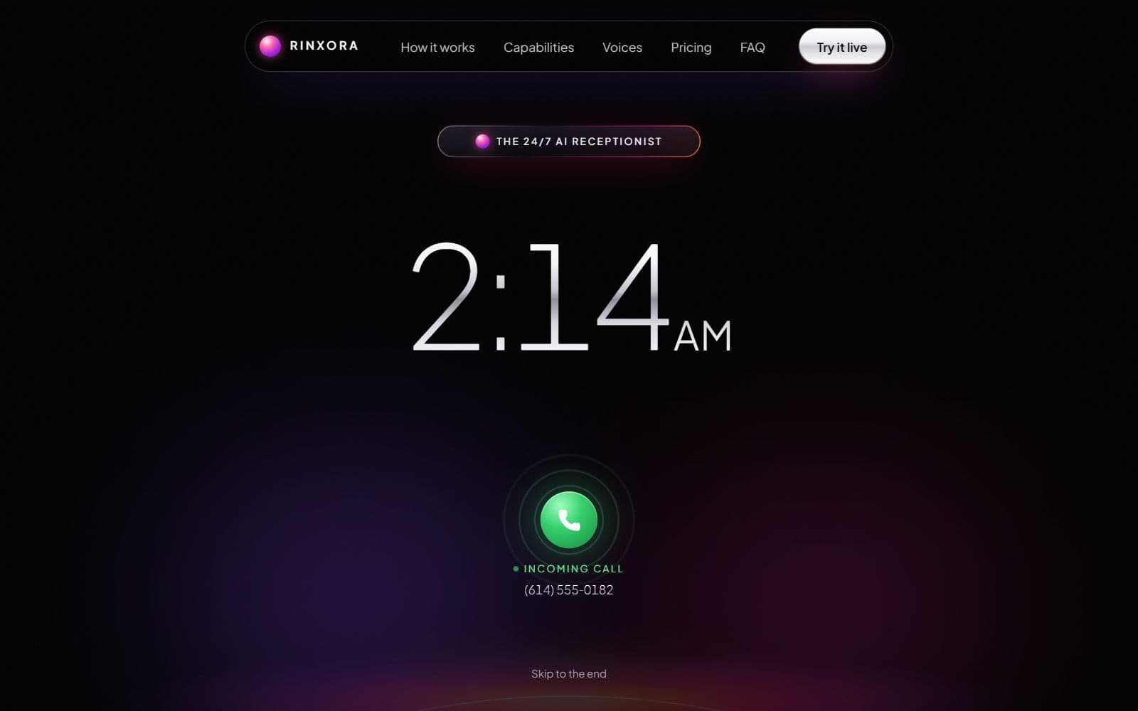 rinxora's homepage: a large 2:14 AM clock above an incoming call button.