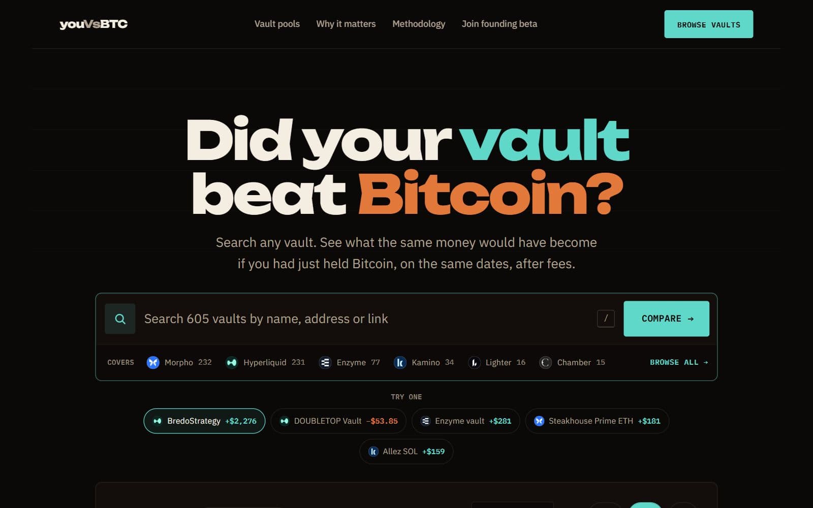youVsBTC's homepage: "Did your vault beat Bitcoin?" with a vault search box.
