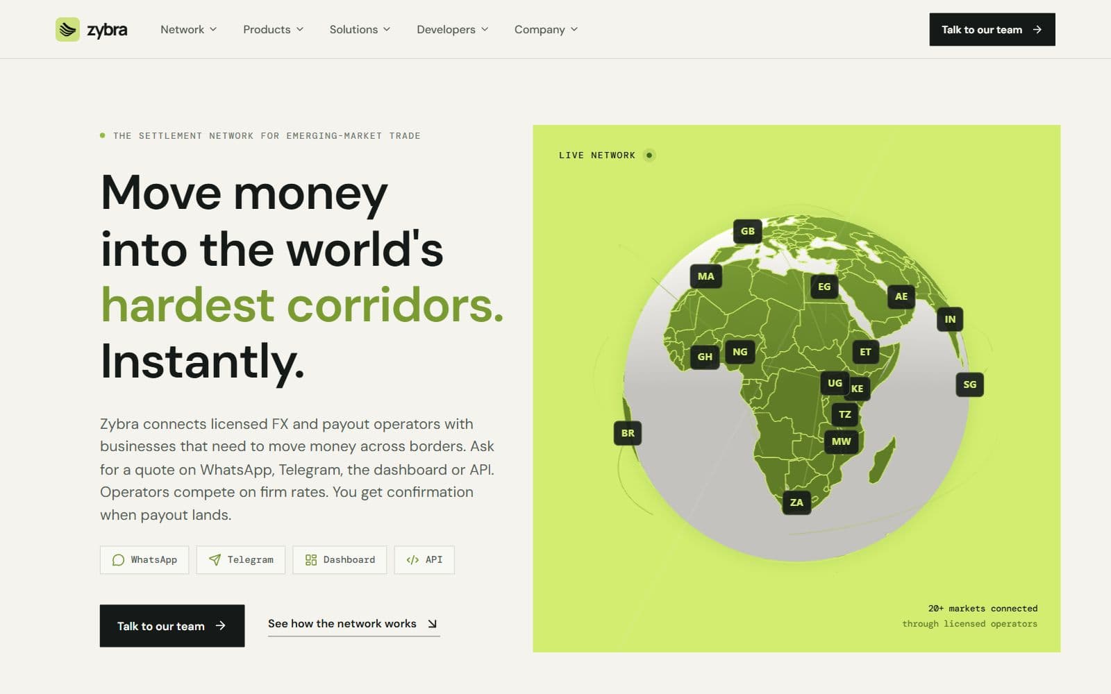 Zybra's homepage: "Move money into the world's hardest corridors. Instantly." next to a map of connected markets.